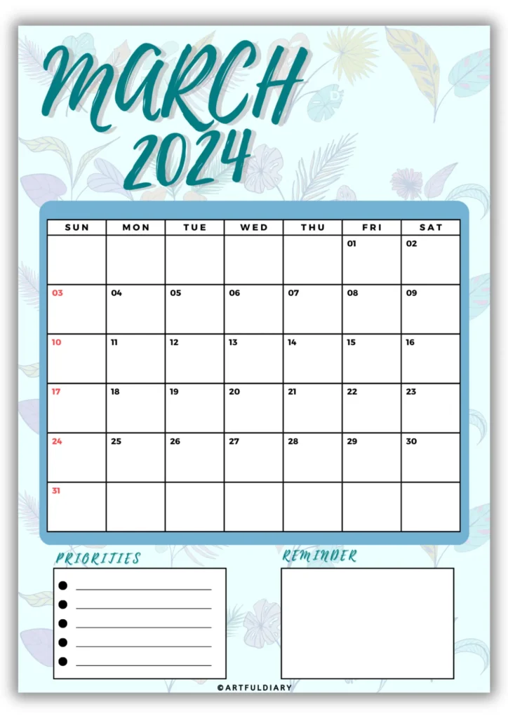 free march calendar 2024 printable Leaves Background (vertical size a4)