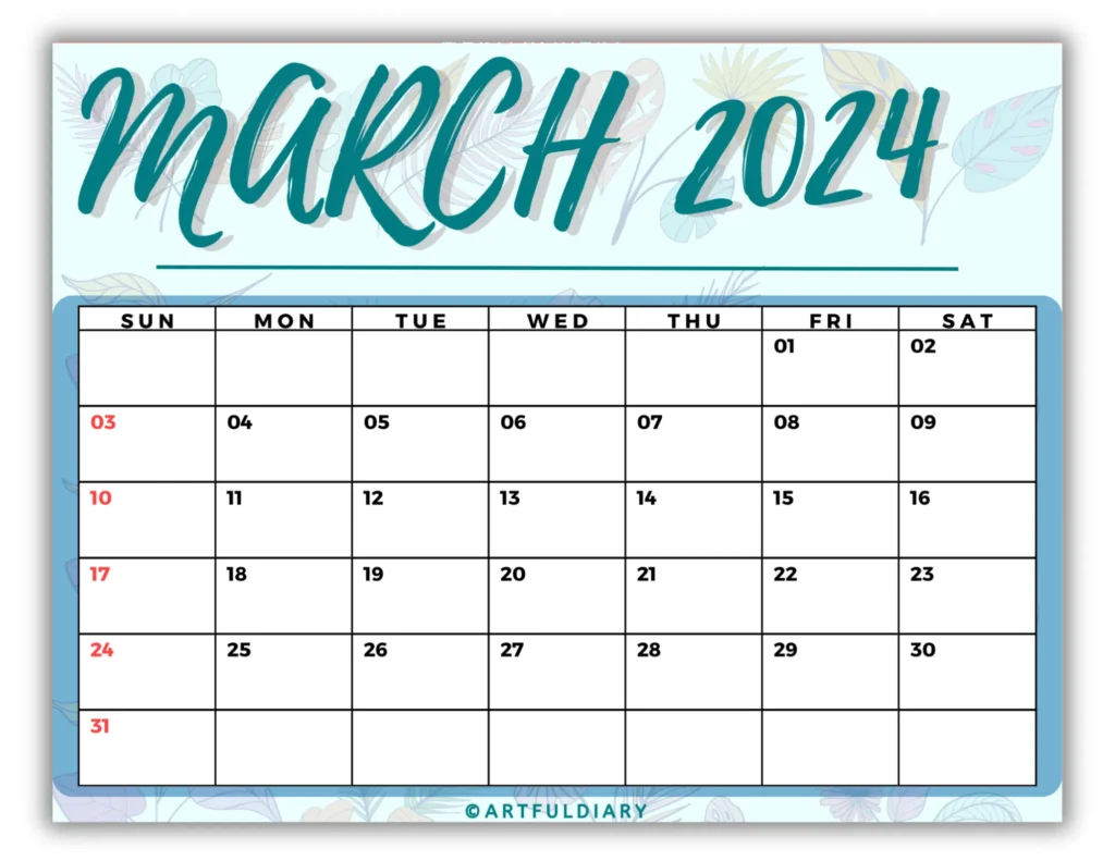 free march calendar 2024 printable Leaves Background (horizontal size 11* 8.5 in)
