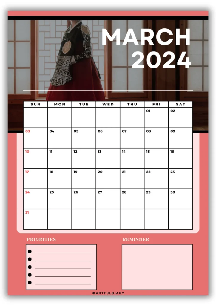 free march calendar 2024 printable Photo Background (vertical size a4)
