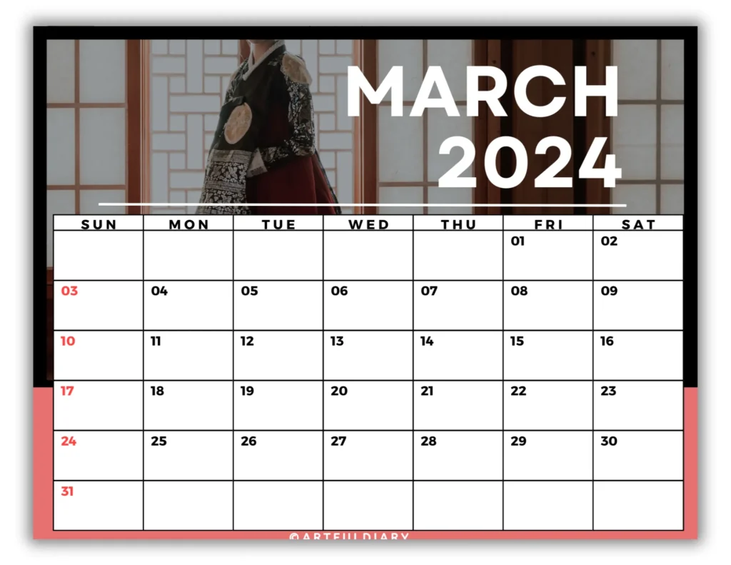 free march calendar 2024 printable Photo Background (horizontal size 11* 8.5 in)
