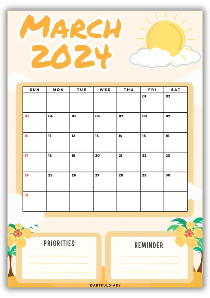 free march calendar 2024 printable Sunny day graphic background (vertical size a4)