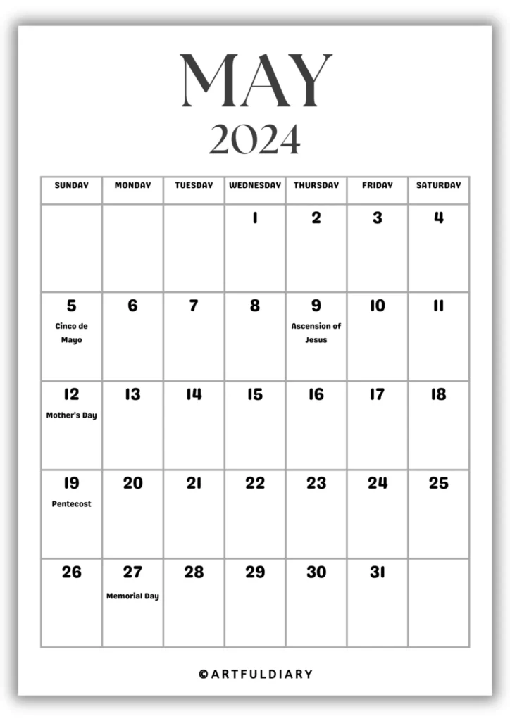 May Calendar 2024 Printable blank
