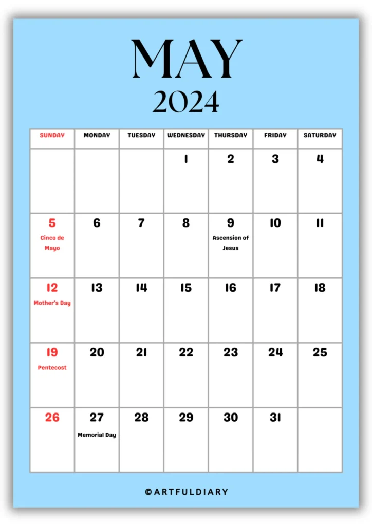 free printable Calendar 2024 May blue background


