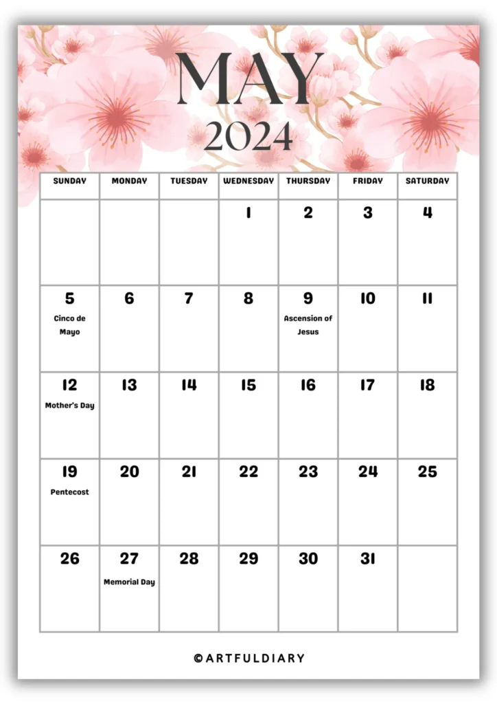 May Calendar 2024 Printable flowers background
