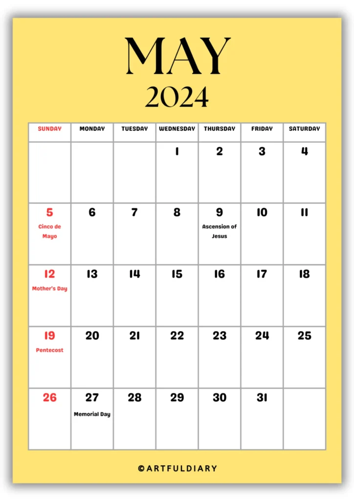 free printable Calendar 2024 May yellow background
