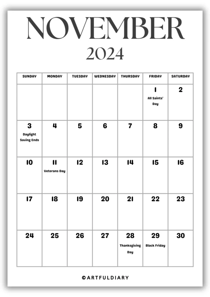 November Calendar 2024 Printable blank
