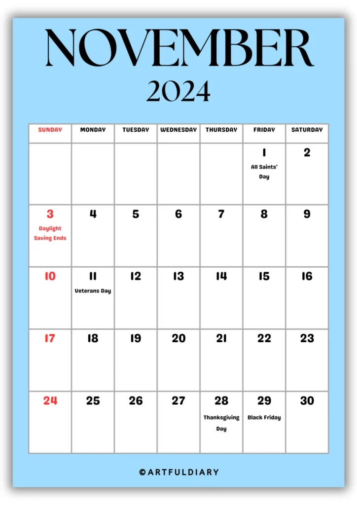 free printable Calendar 2024 November blue background
