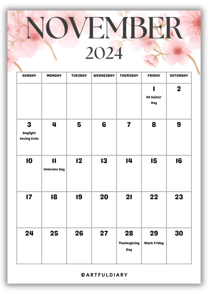 November Calendar 2024 Printable flowers background

