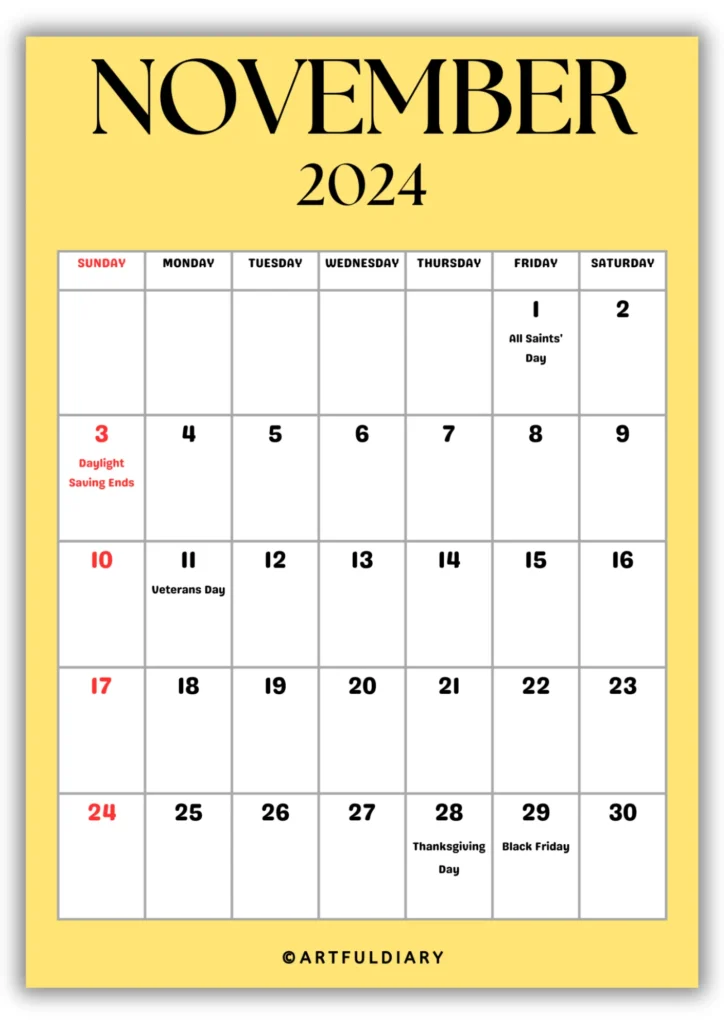 free printable Calendar 2024 November yellow background
