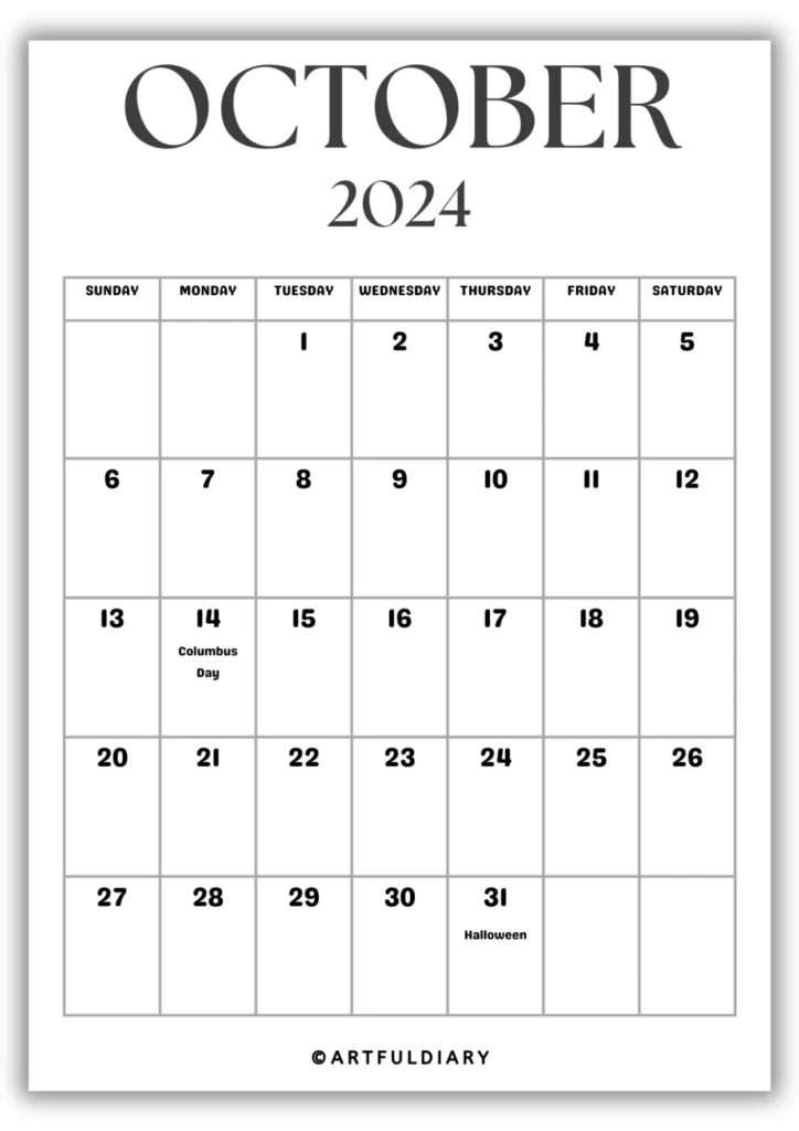 October Calendar 2024 Printable blank
