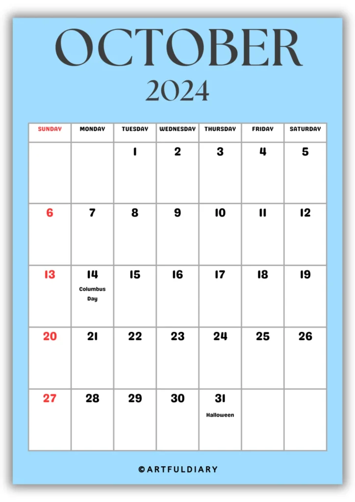 free printable Calendar 2024 October blue background
