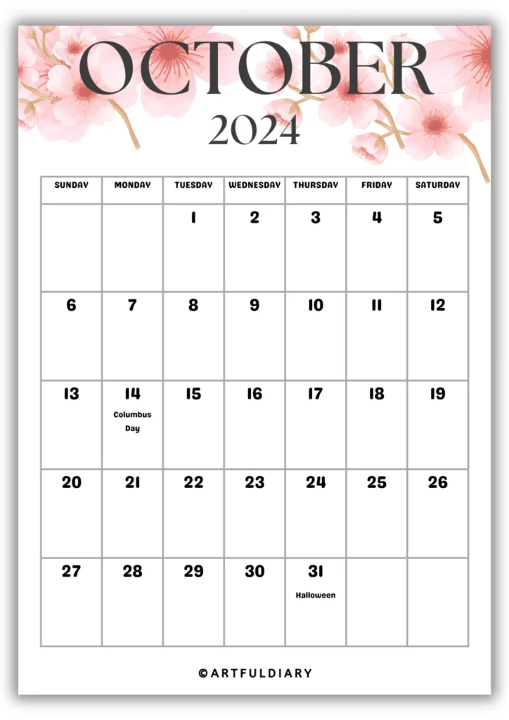 October Calendar 2024 Printable flowers background
