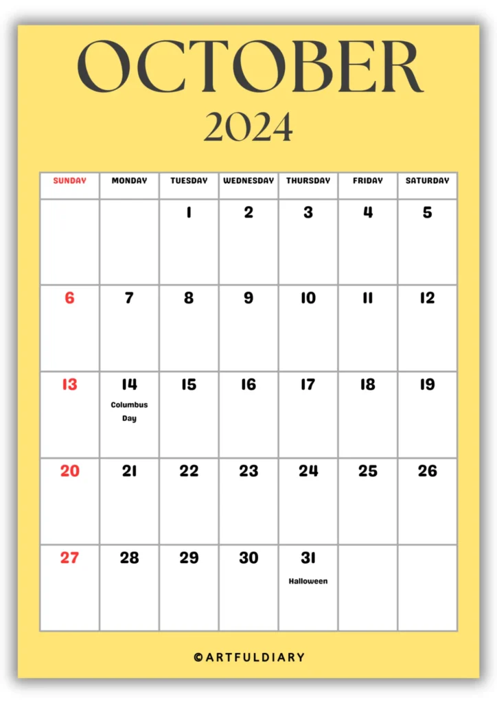 free printable Calendar 2024 October yellow background
