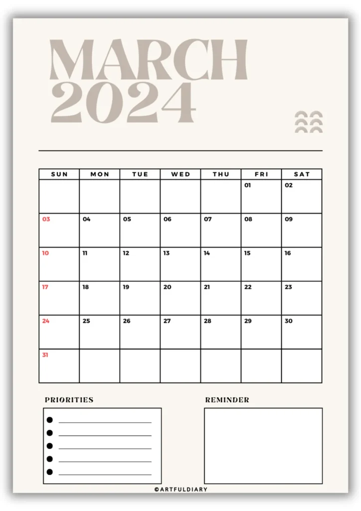 free march calendar 2024 printable Beige background (vertical size a4)