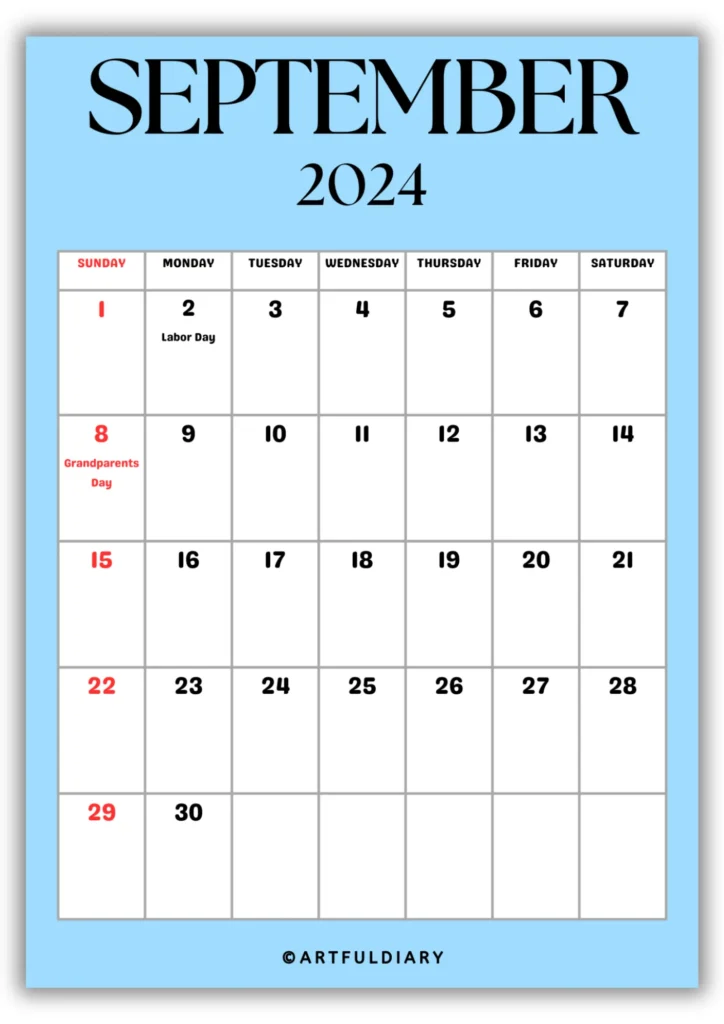 free printable Calendar 2024 September blue background
