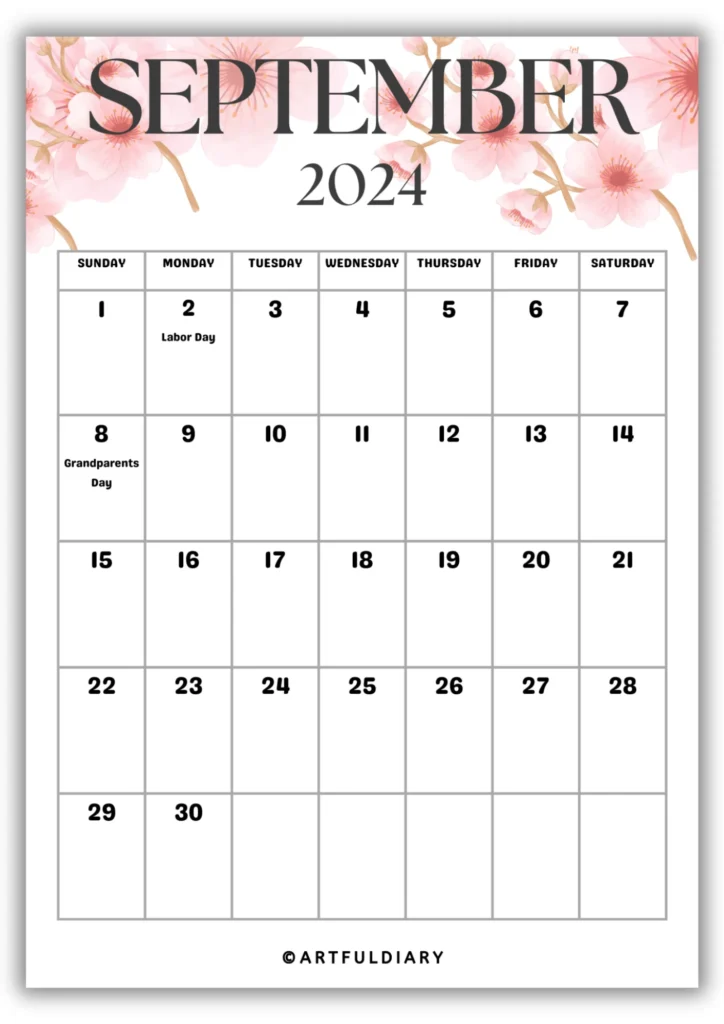 September Calendar 2024 Printable flowers background
