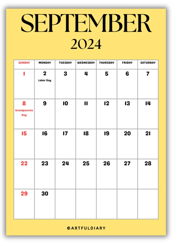 free printable Calendar 2024 September yellow background
