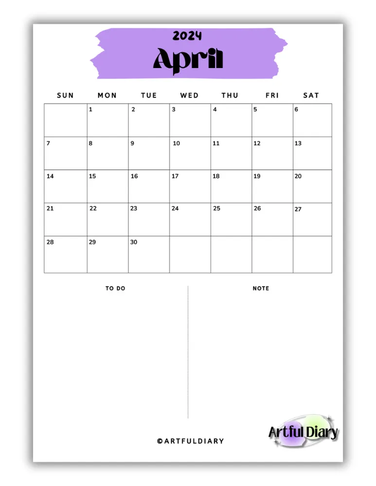 Purple Highlight april calendar template
(Vertical a4 size print)
