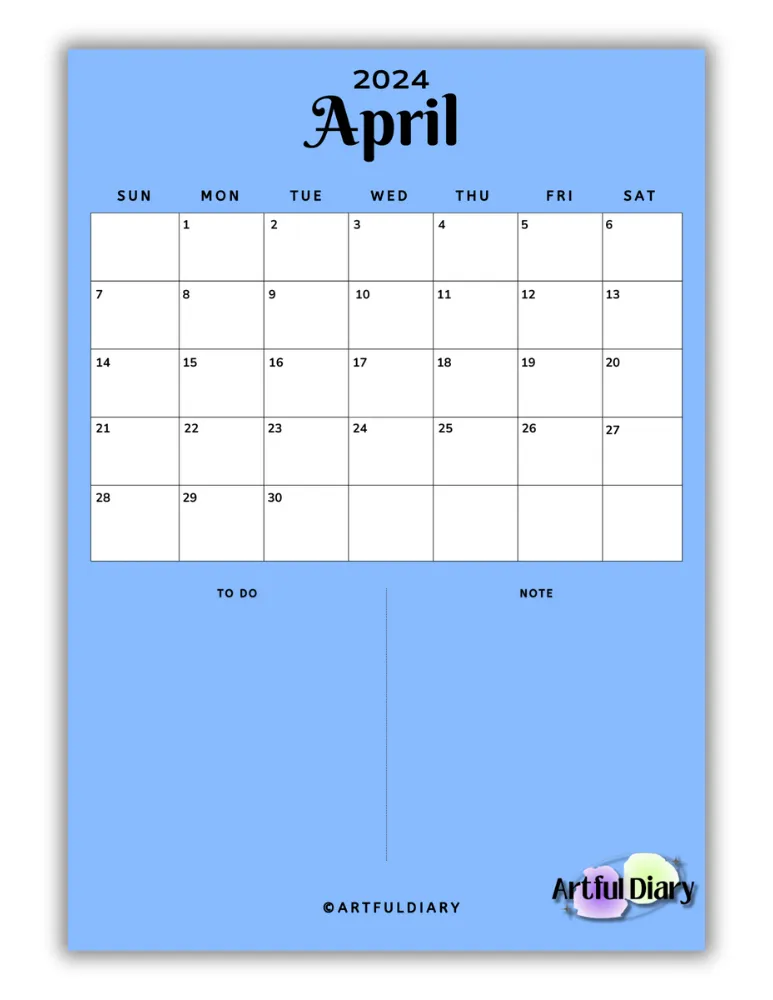 Blue printable calendar for April (Vertical a4 size print)

