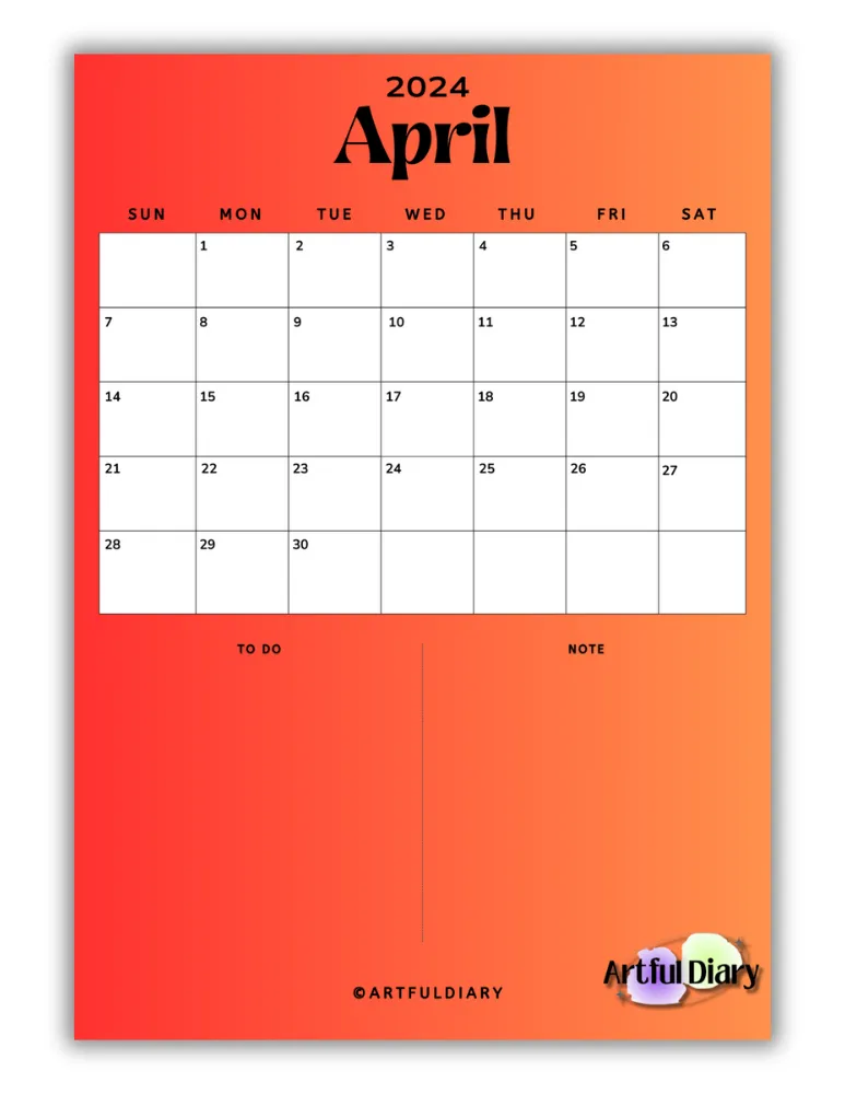 Orange background printable calendar for april (Vertical a4 size print)

 