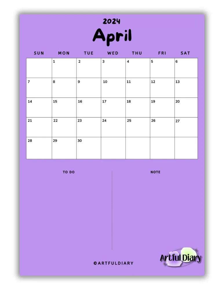 Purple Background april calendar template
(Vertical a4 size print)
