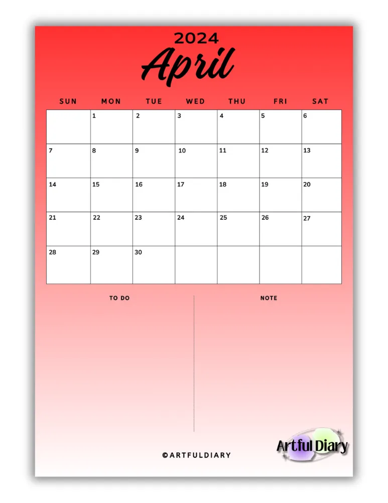 Red printable calendar for april (Vertical a4 size print)

