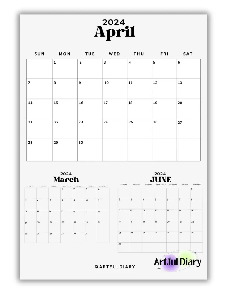Black and white April With May &June month Calendar Template (Vertical a4 size print)

