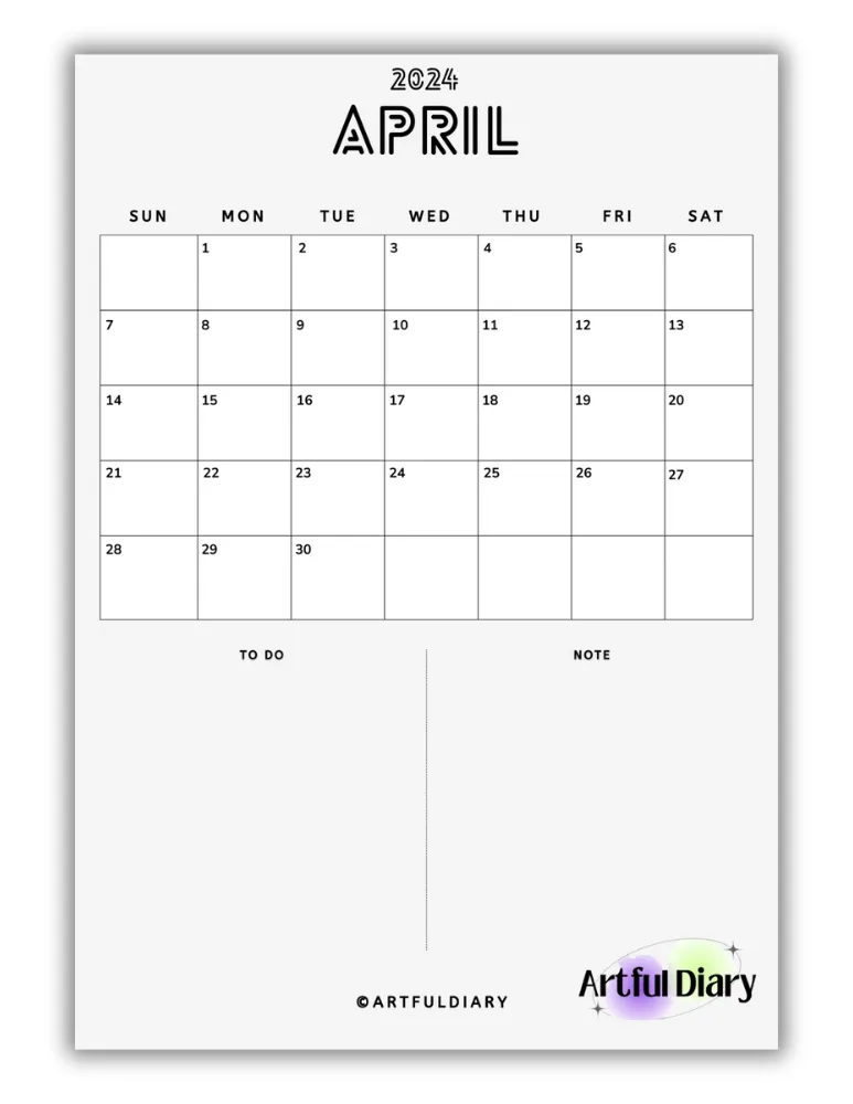 Black and white April Lined Font Calendar
(Vertical a4 size print)
