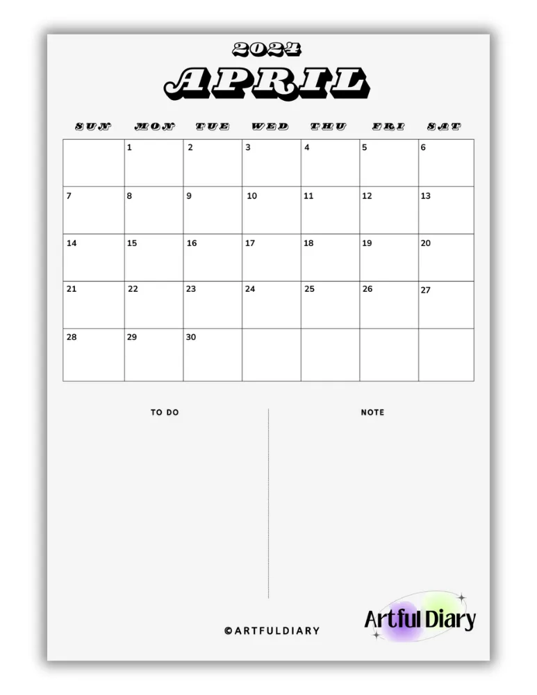 Black and white April Modern Font Calendar (Vertical a4 size print)

