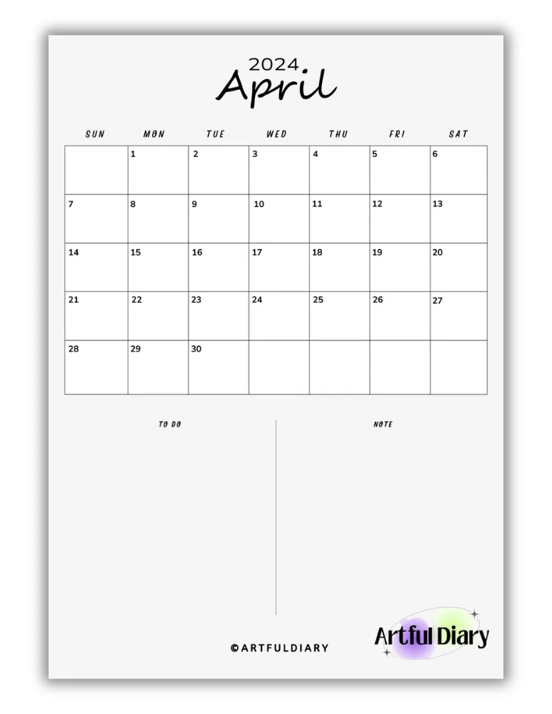 Black and white April Script Font Calendar
(Vertical a4 size print)
