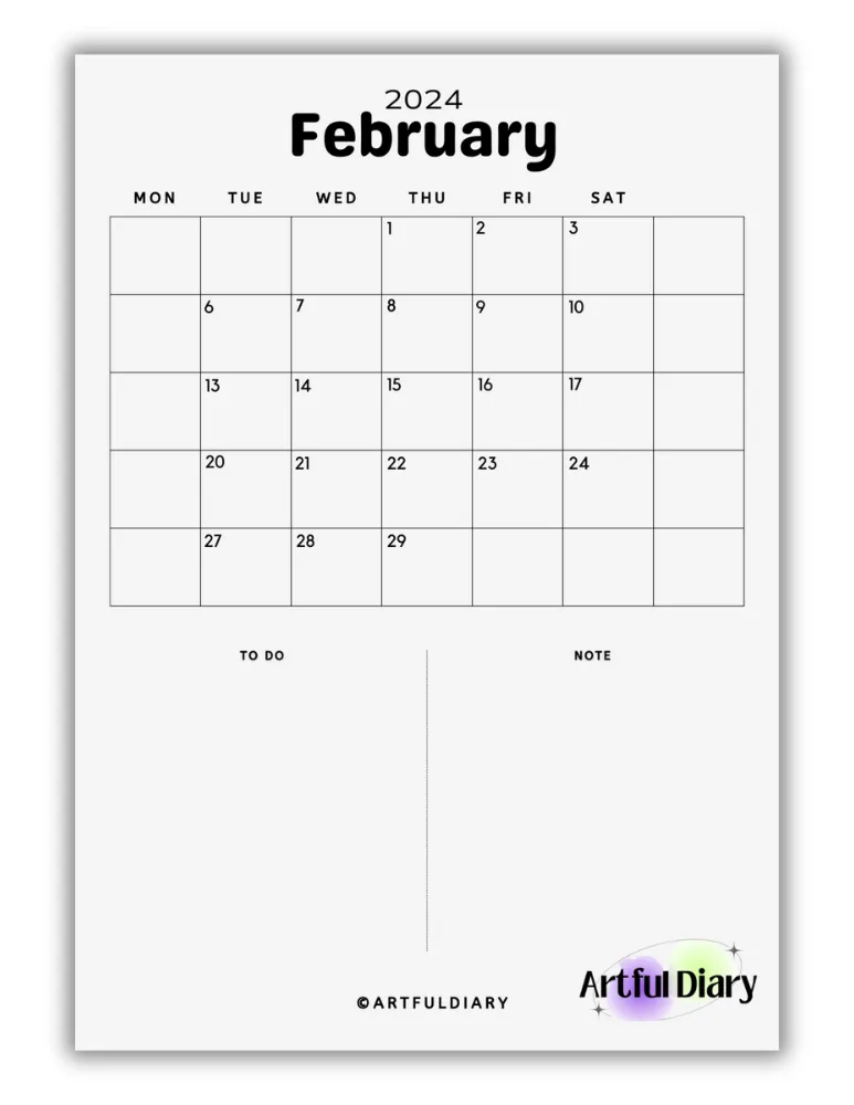 blank february calendar black and white 2024 horizontal vertical
