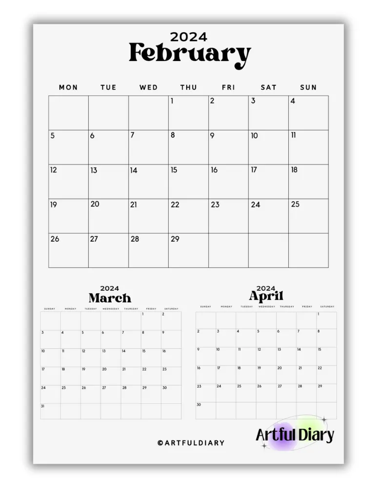Black and White February With Upcoming Month  March & April Calendar