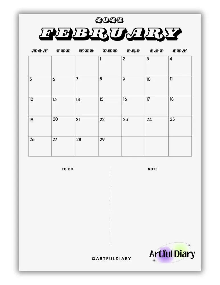 Black and White February Modern Font Calendar print a4 size vertical