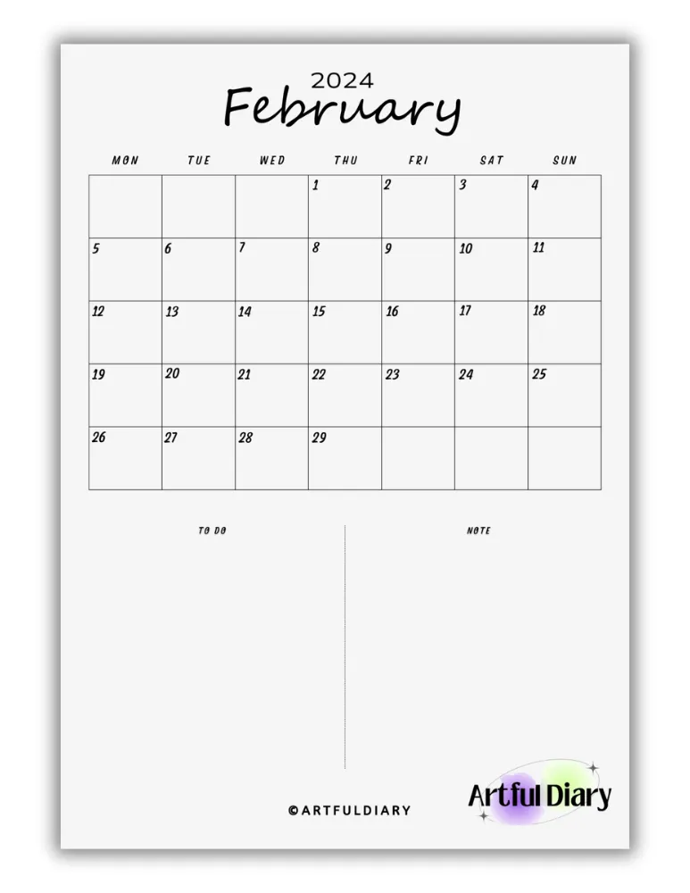 Black and White February Script Font Calendar print a4 size vertical