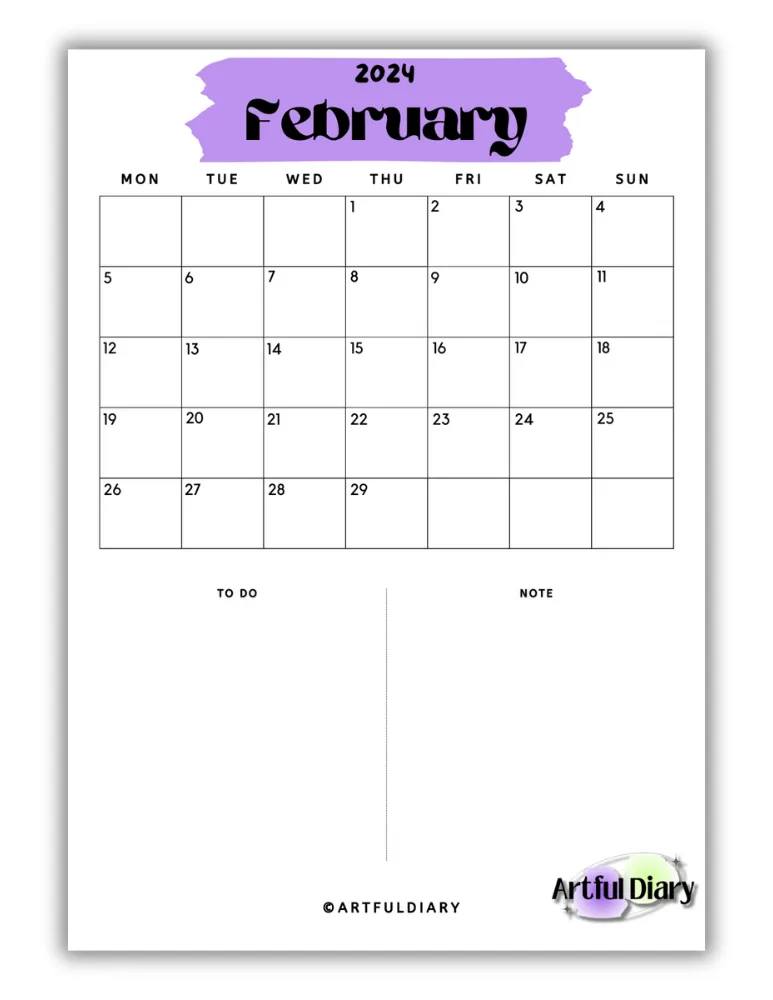 Purple Highlight February Calendar Template vertical a4 size