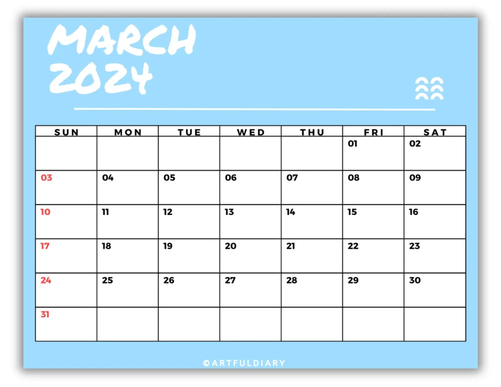 free march calendar 2024 printable Blue background (horizontal size 11* 8.5 in)
