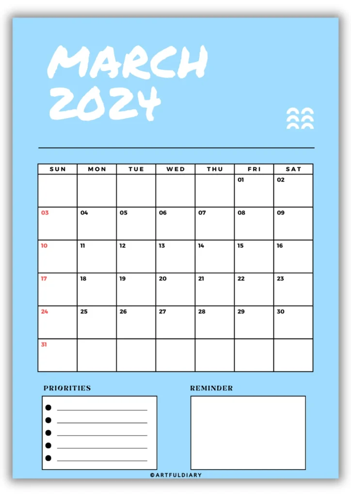 free march calendar 2024 printable Blue background (vertical size a4)
