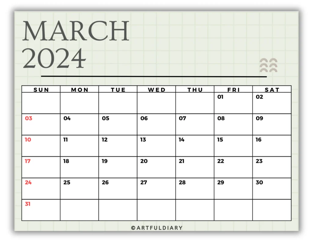 free march calendar 2024 printable Light Green with Check background (horizontal size 11* 8.5 in)
