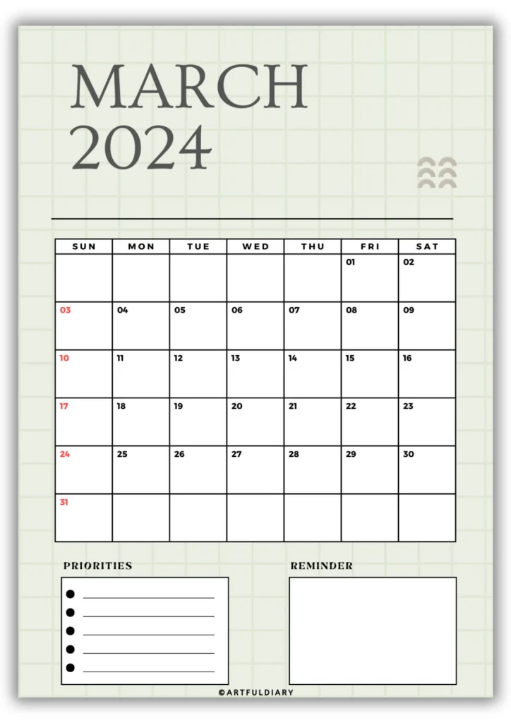 free march calendar 2024 printable Light Green with Check background (vertical size a4)