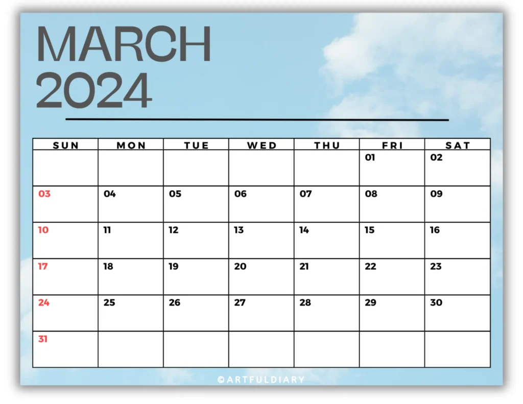 free march calendar 2024 printable Clouds background (horizontal size 11* 8.5 in).
