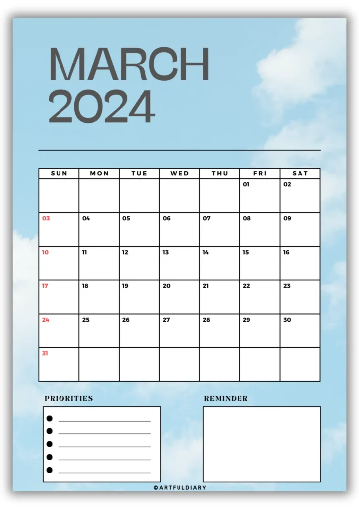 free march calendar 2024 printable Clouds background (vertical size a4).