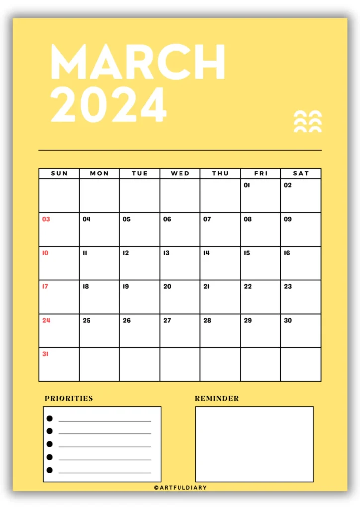 free march calendar 2024 printable yellow background (vertical size a4)