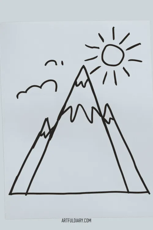 mountain with cloud and sun Simple drawing idea.