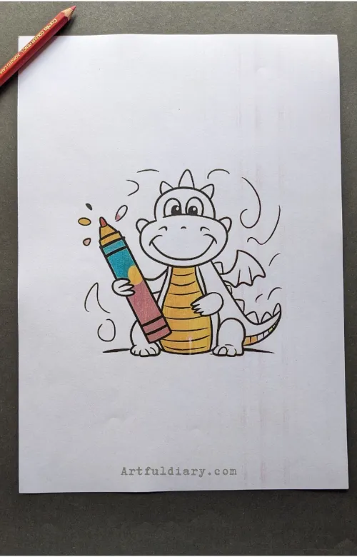 Coloured Dragon holding crayon drawing idea.