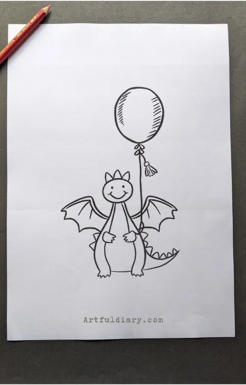 Dragon holding balloon drawing idea.