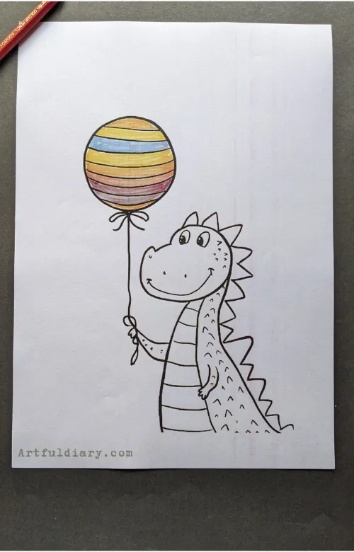 Dragon holding coloured balloon drawing idea.