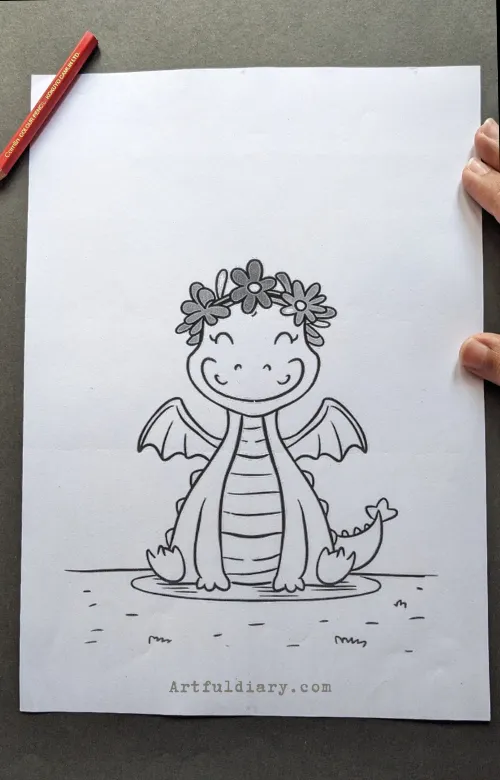 sitting Dragon with flower crown drawing idea.