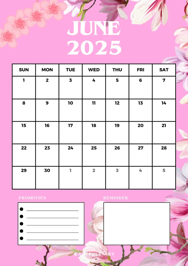 Printable June Calendar- Pink Flowers background