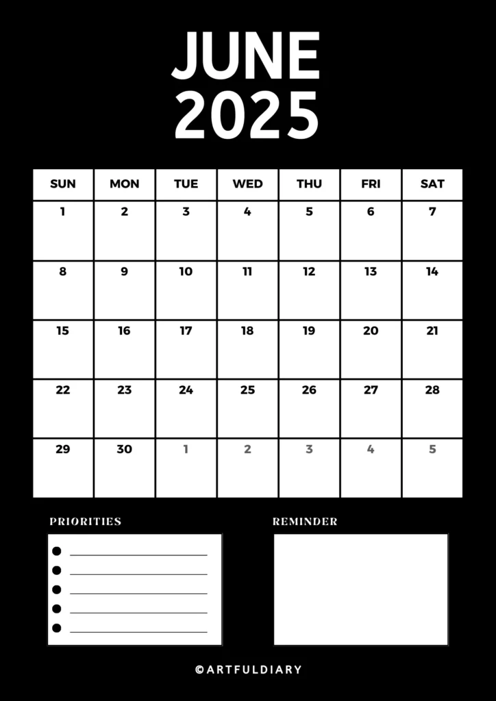 june 2025 calendar printable Black Background