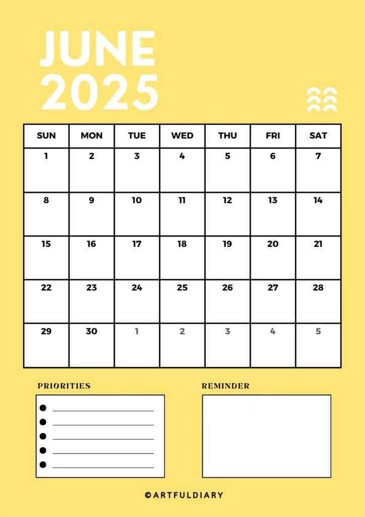 printable calendar June 2025- Yellow background